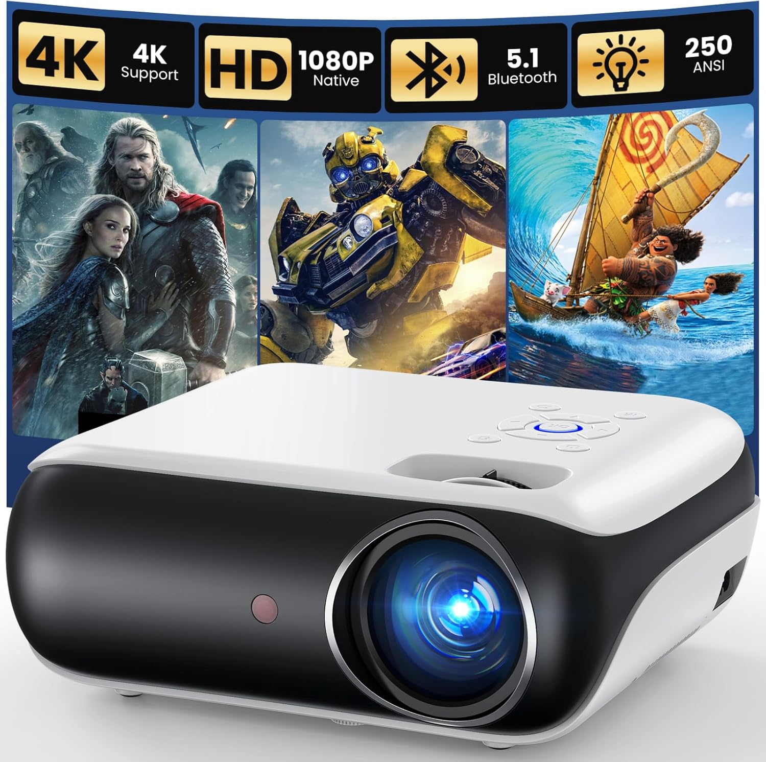HAPPRUN H1 Native 1080P Bluetooth Mini Projector - front view showing blue lens glow, 1080P Full HD and 4K support badges