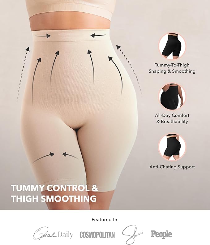 SHAPERMINT High-Waisted Shapewear Tummy Control Shorts features