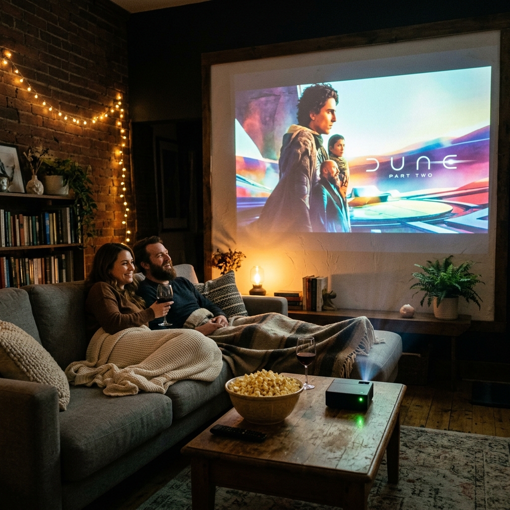 Cozy home theater setup with HAPPRUN H1 projector displaying a movie on a large wall screen, couple enjoying movie night with popcorn